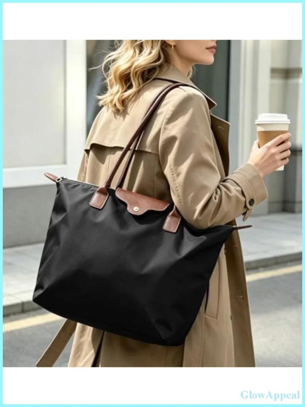 Foldable Nylon Tote Bag with Zipper, 15-inch Laptop Work Handbag